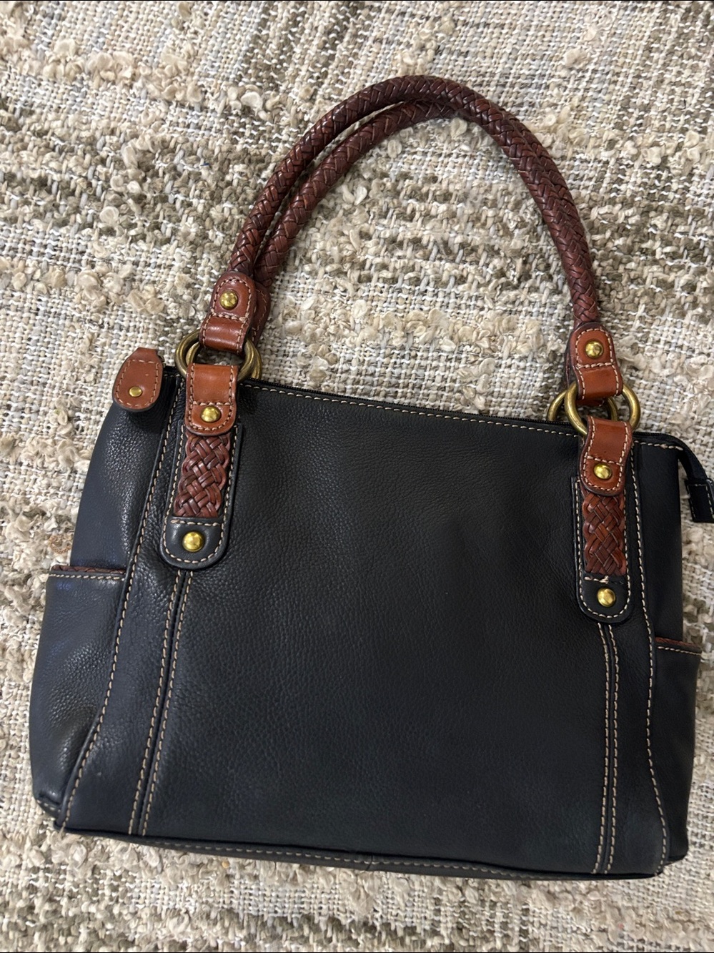 Fossil black leather with cream stitching, double braided handles, - Picture 2 of 14